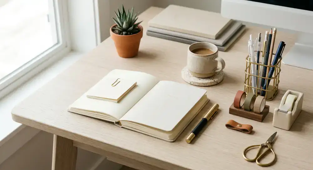 Premium office supplies and aesthetic stationery arranged neatly