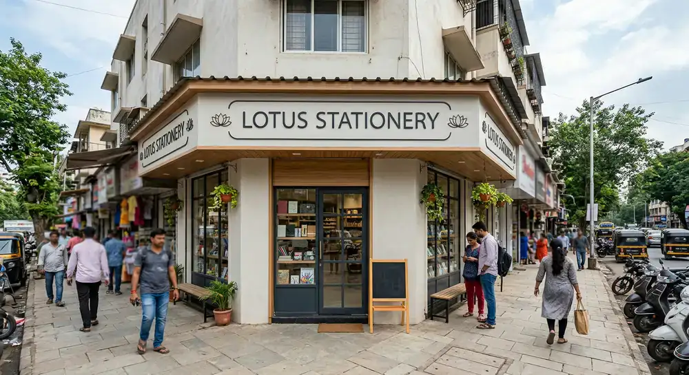 Exterior view of Lotus Stationery storefront on Linking Road